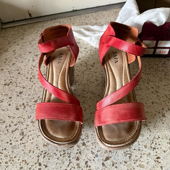 Jafa Shoes - The Jafa 3-Strap Ankle Wedge Sandal in Red. Leather uppers